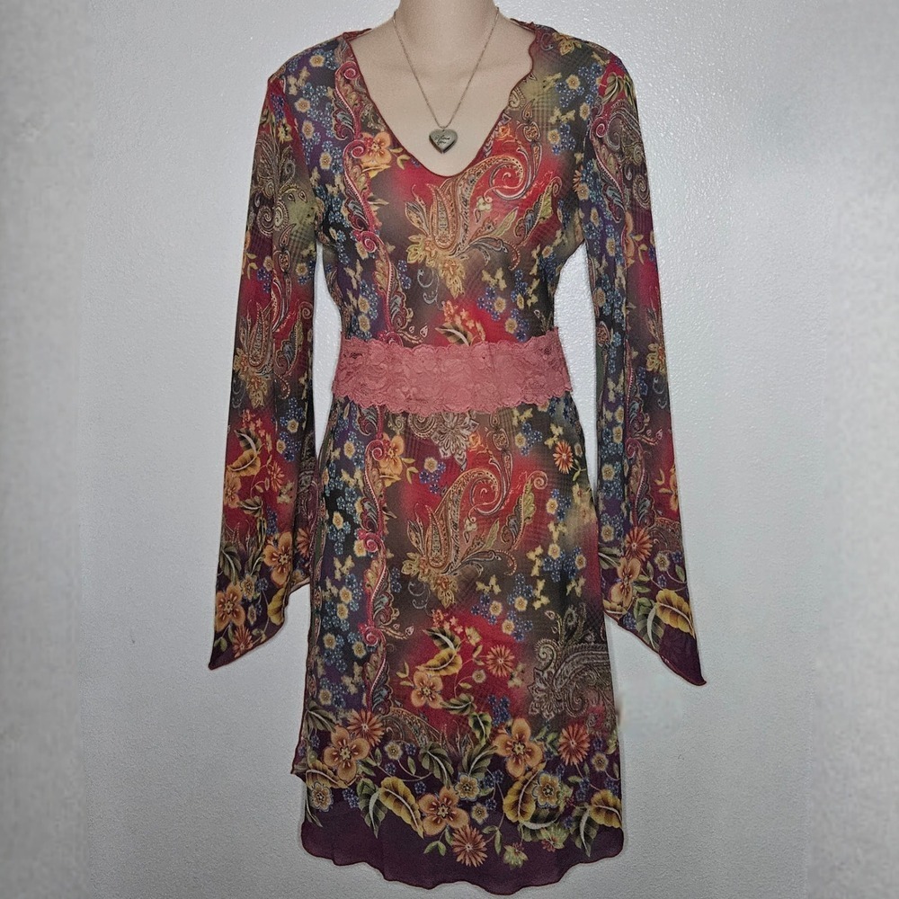 Hugging‎ Kisses Floral Paisley Print Sheer Bell Sleeve Tunic Dress